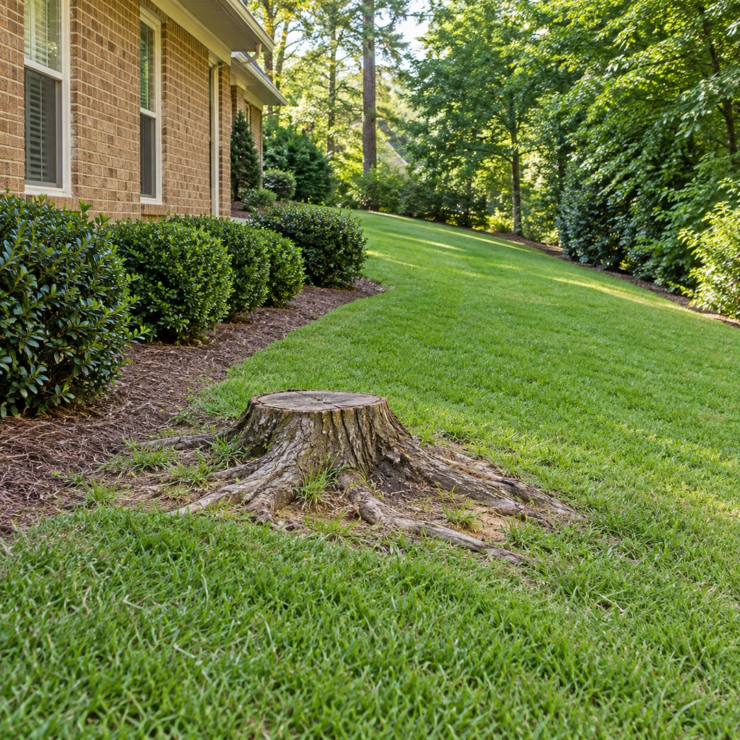 Old tree stump with exposed roots beside a landscaped Doraville home