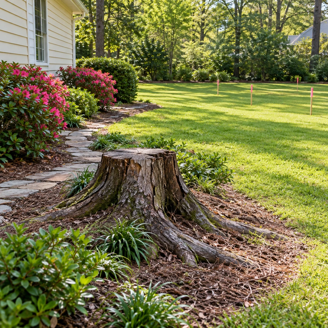Tree stump beside a garden path with the work area clearly marked