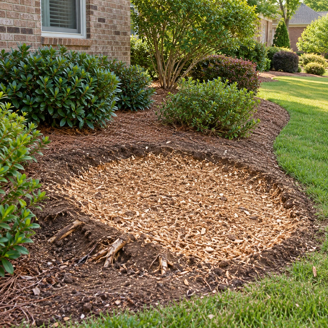 Freshly ground stump area with wood chips and small root remnants