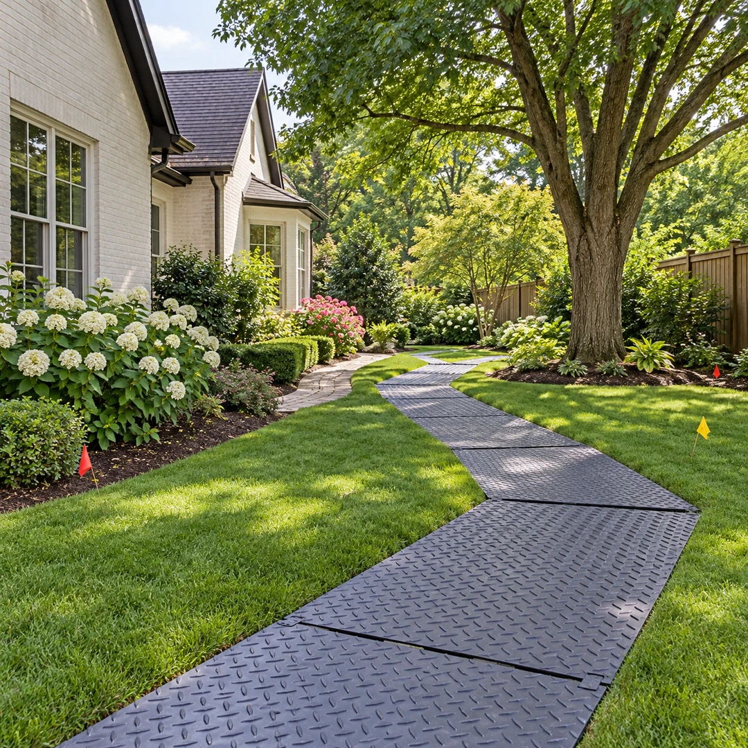 Ground protection mats and utility flags around a Doraville residential tree