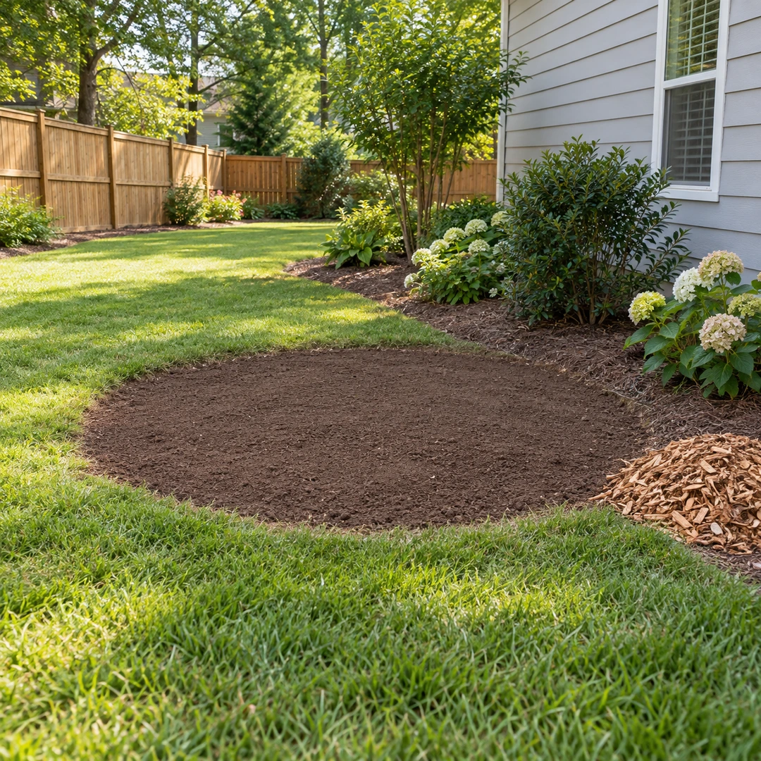 Level restored soil at a former stump location beside a landscaped home