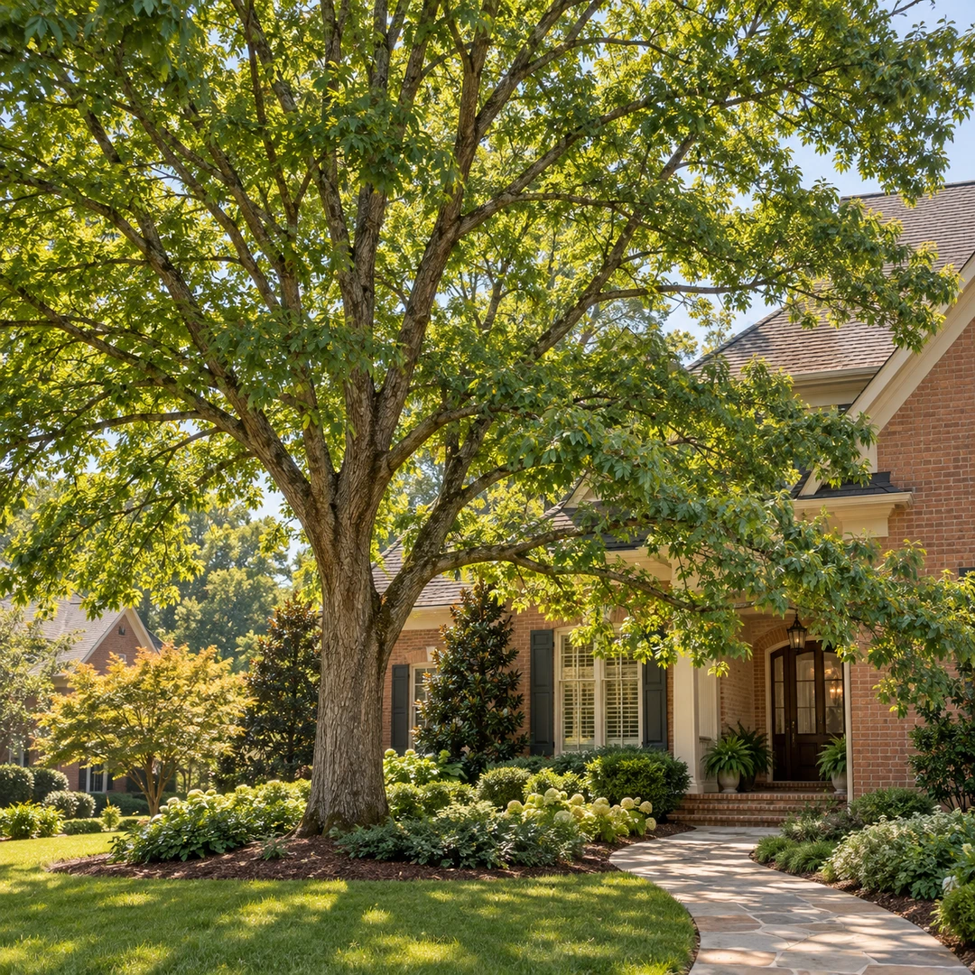 Mature healthy tree with branches near a Doraville roofline and front walkway
