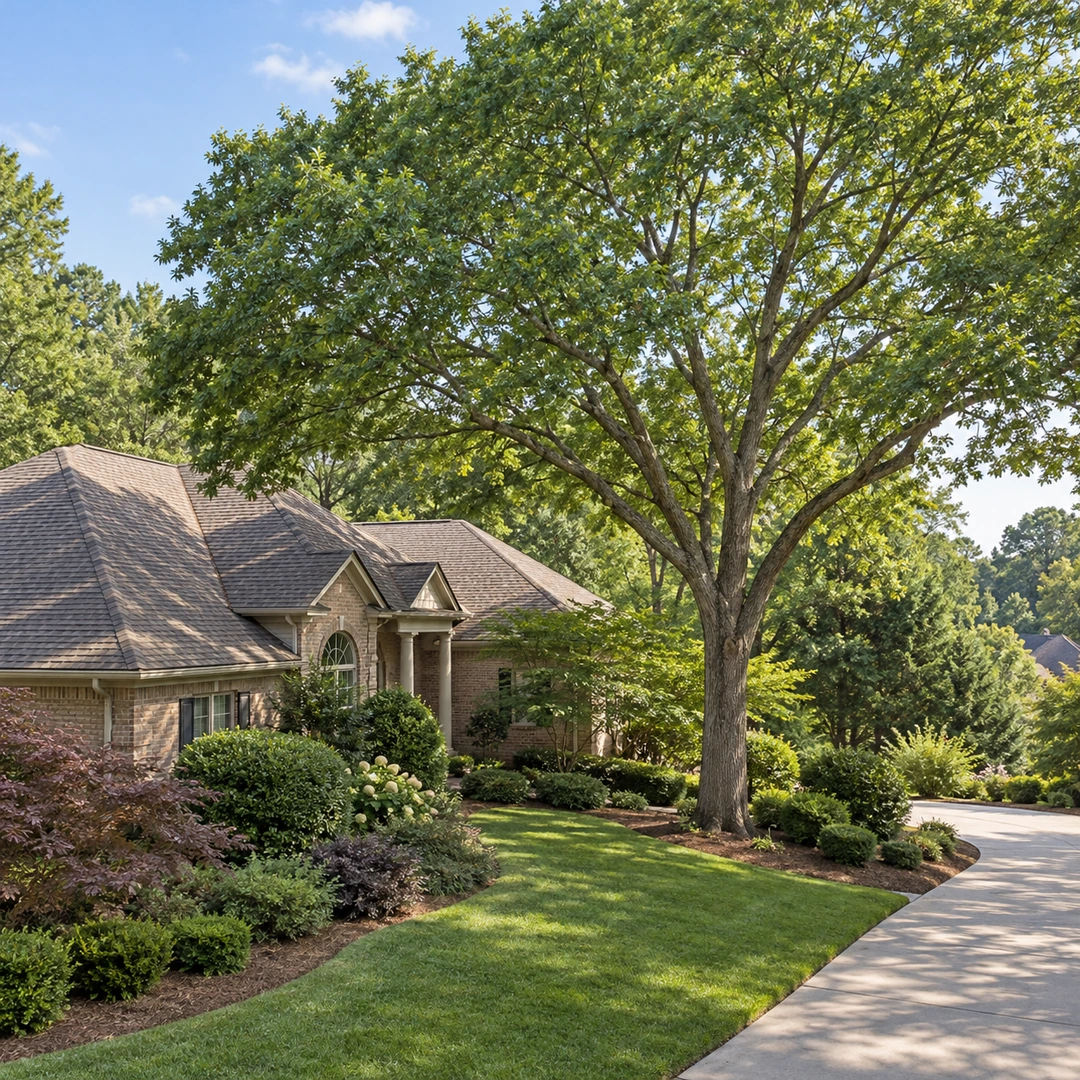 Balanced mature tree with clear space around a Doraville roof and driveway