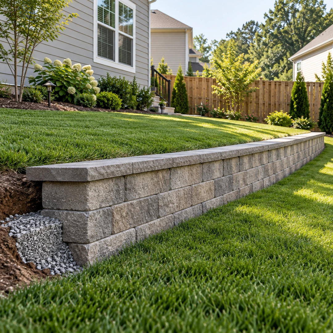Modest retaining wall with a visible gravel base beside a Doraville backyard