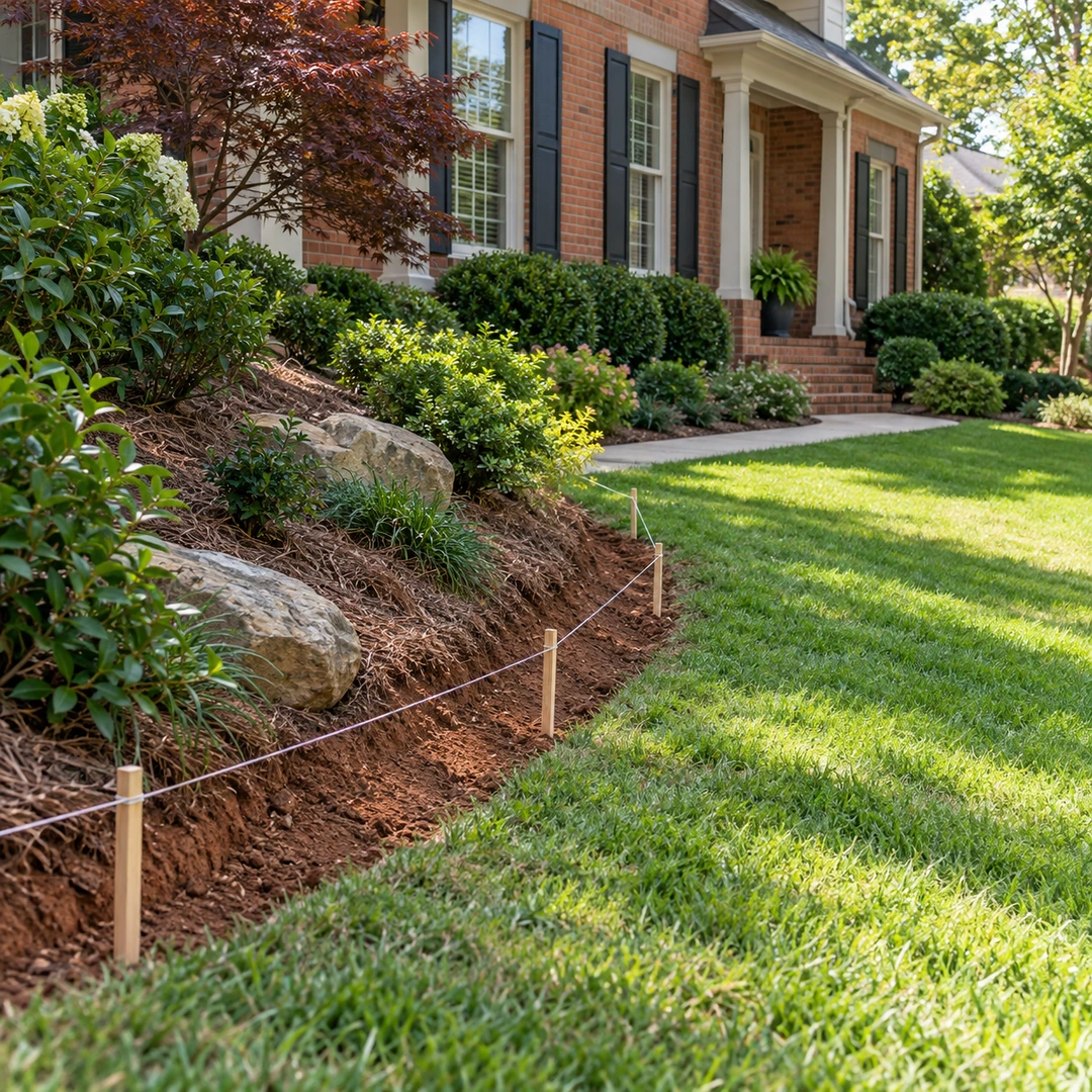 String line marking a proposed retaining wall footprint along a front lawn slope
