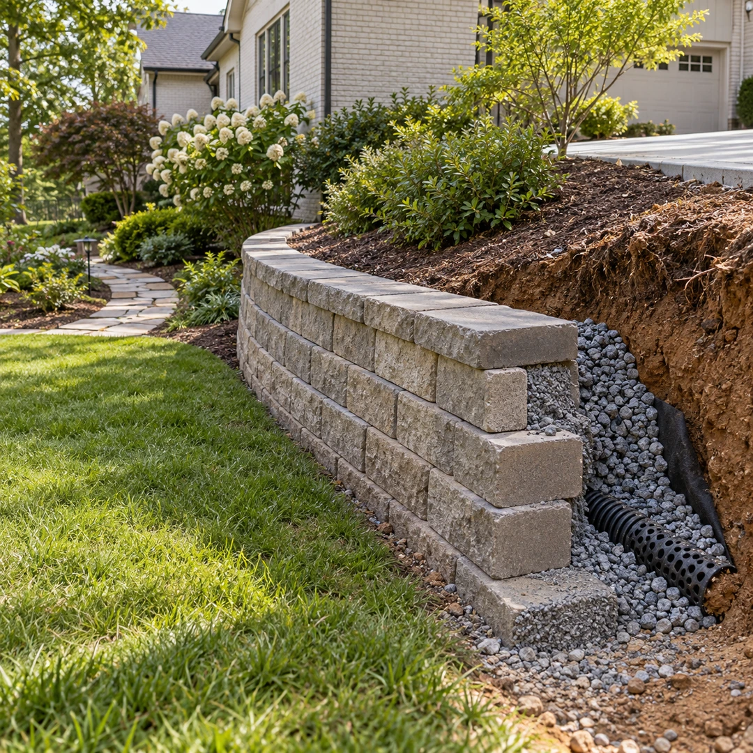Partially completed retaining wall showing its gravel base and drainage layer