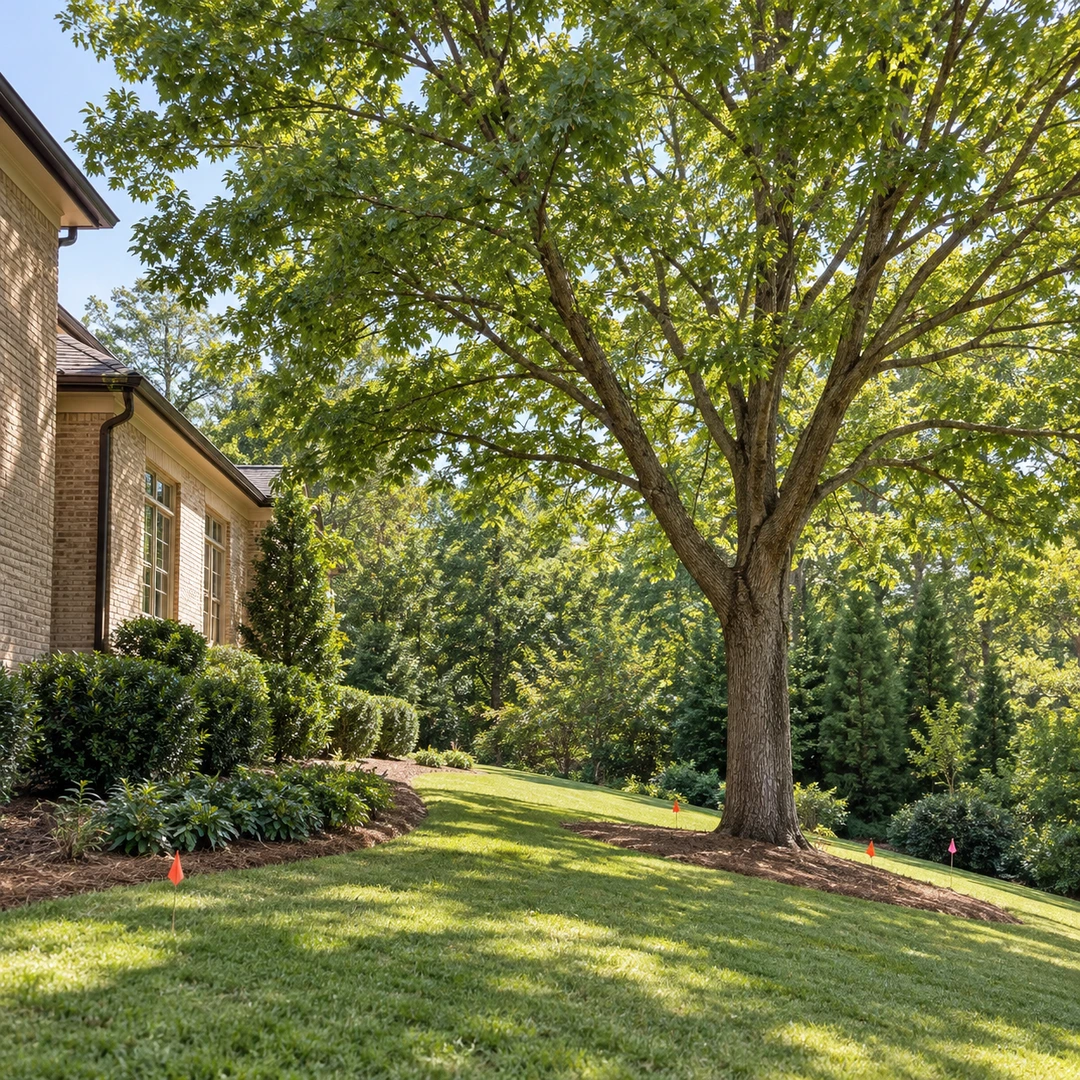 Marked tree trimming work area beside a sloped Doraville side yard