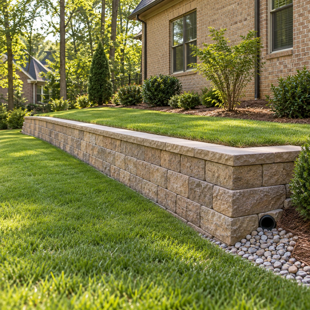 Finished retaining wall with clear lawn edges and an accessible drainage outlet