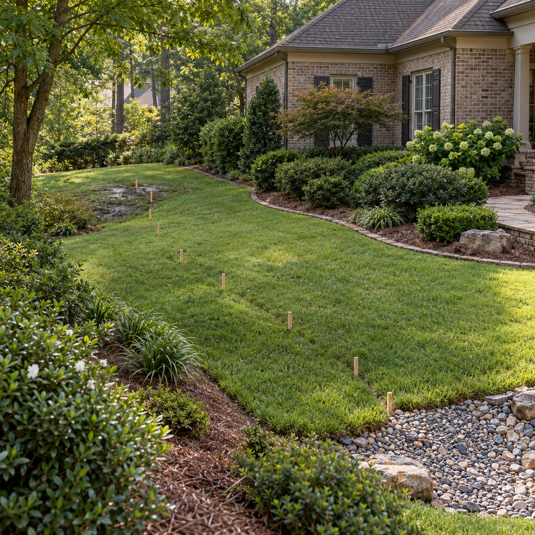 Wooden stakes marking a proposed French drain route across a Doraville lawn