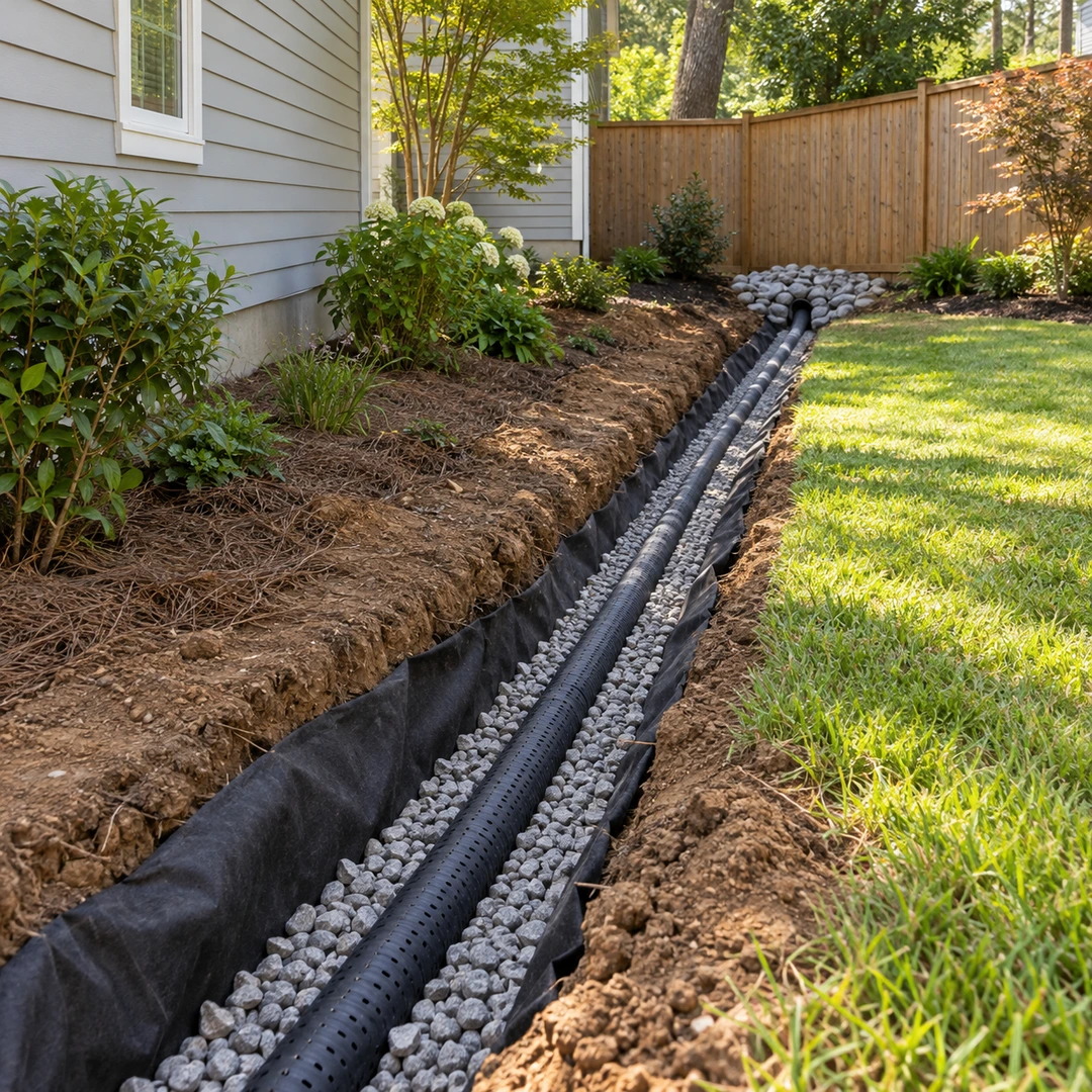 French drain trench with filter fabric gravel and a single perforated pipe