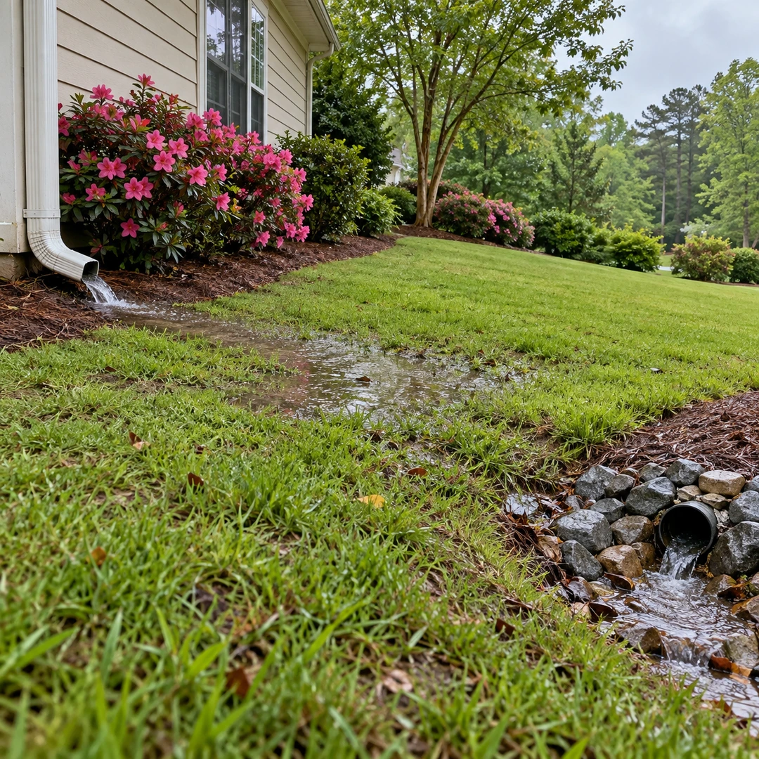 Wet lawn showing the water source and lower gravel protected drainage outlet