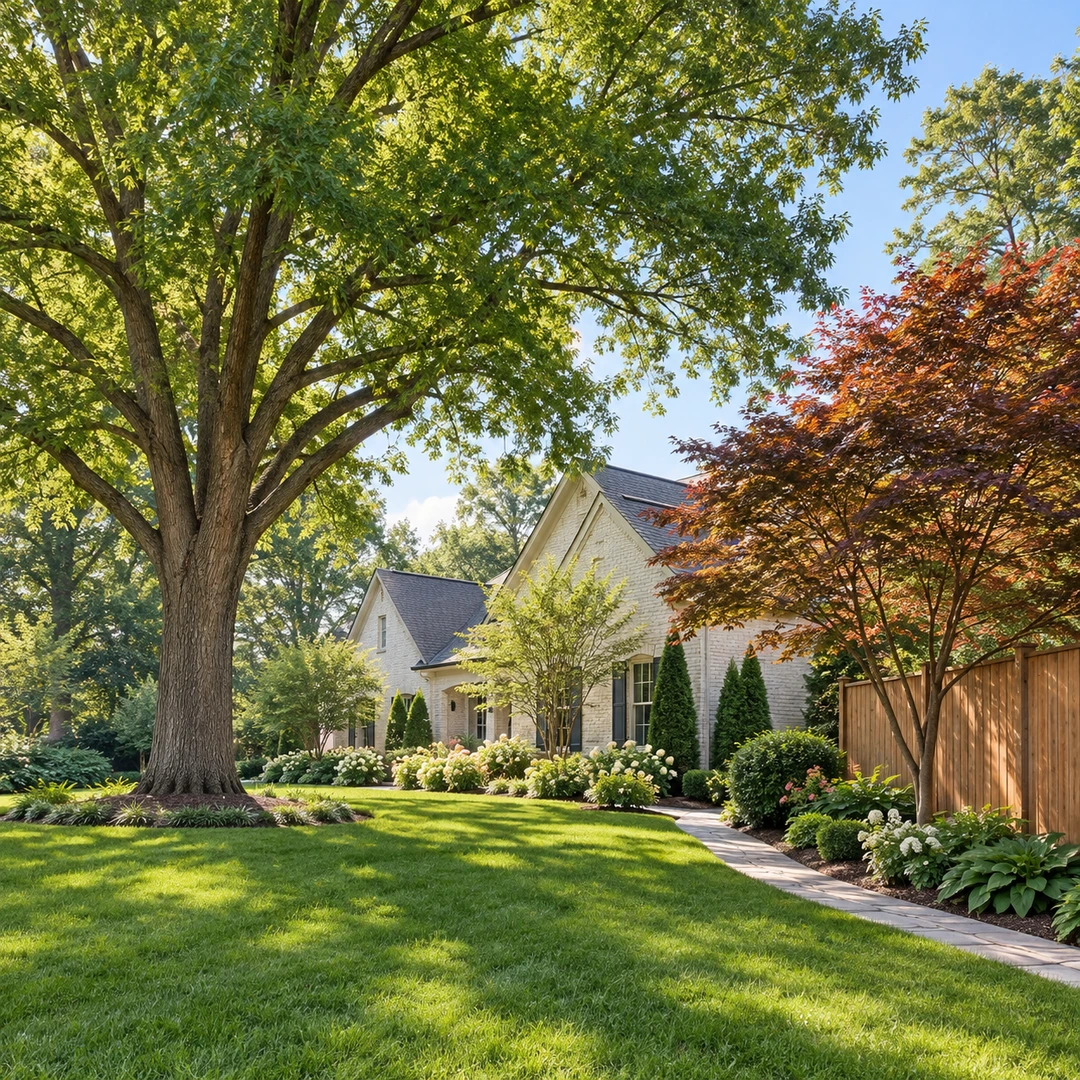 Large shade tree and smaller ornamental tree showing different removal access needs