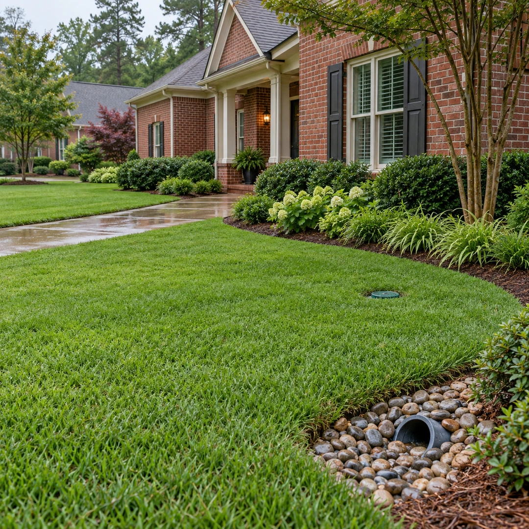Restored front lawn with a clear drainage cleanout and protected outlet