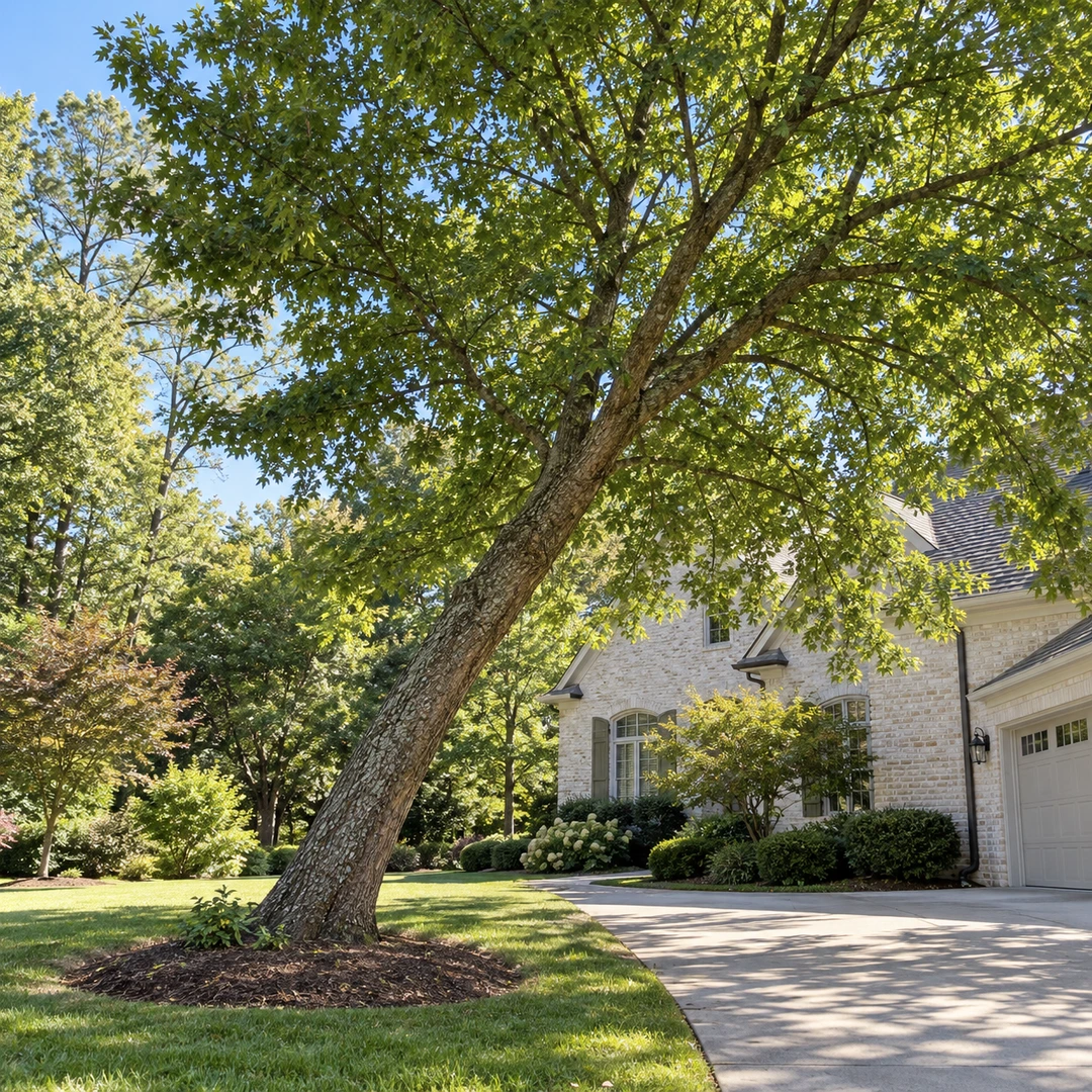 Mature tree leaning toward an open Doraville driveway