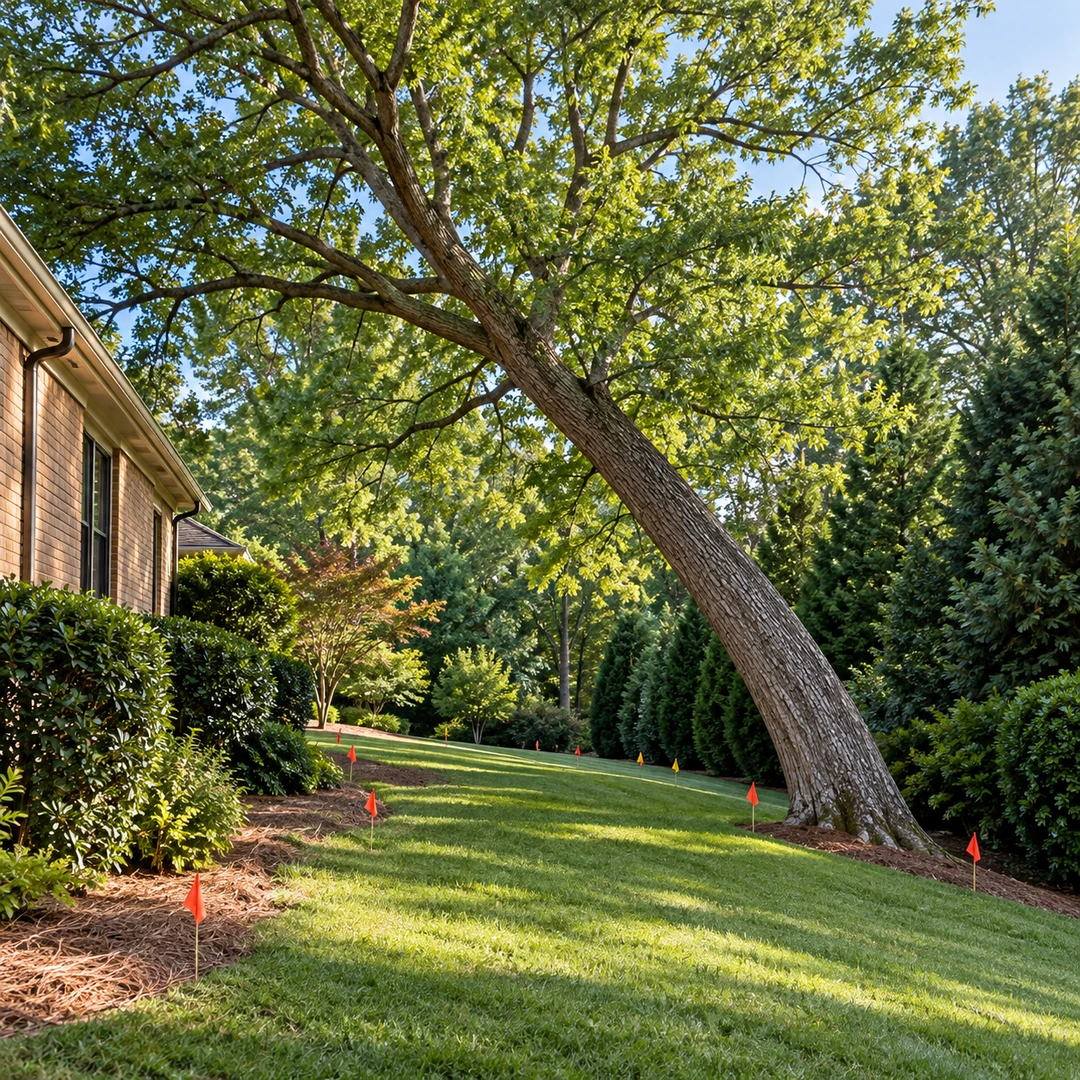 Marked work area around a naturally leaning tree on a sloped side yard