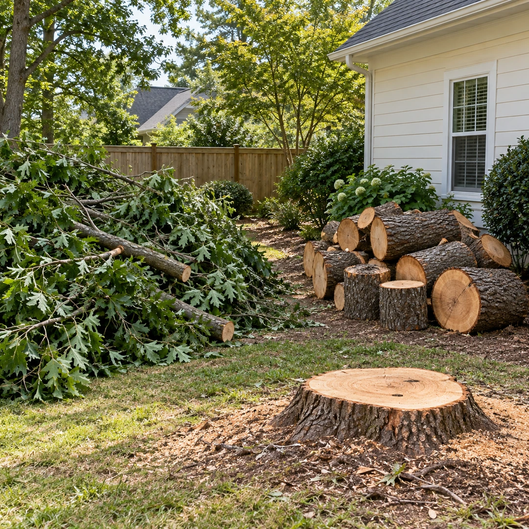 Separated crown branches trunk rounds and stump after residential tree removal