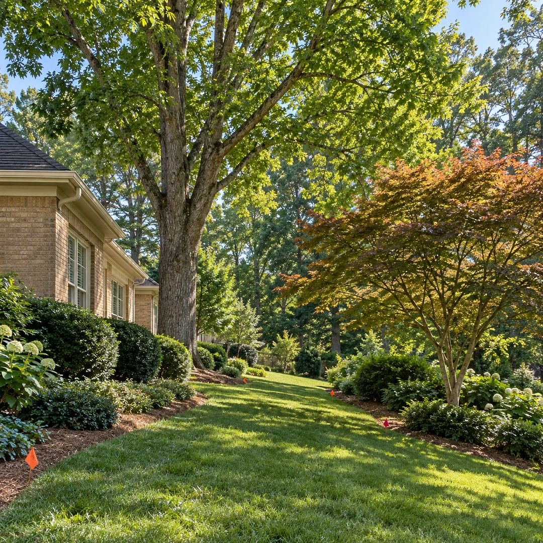Marked access route beside large and small trees in a Doraville side yard