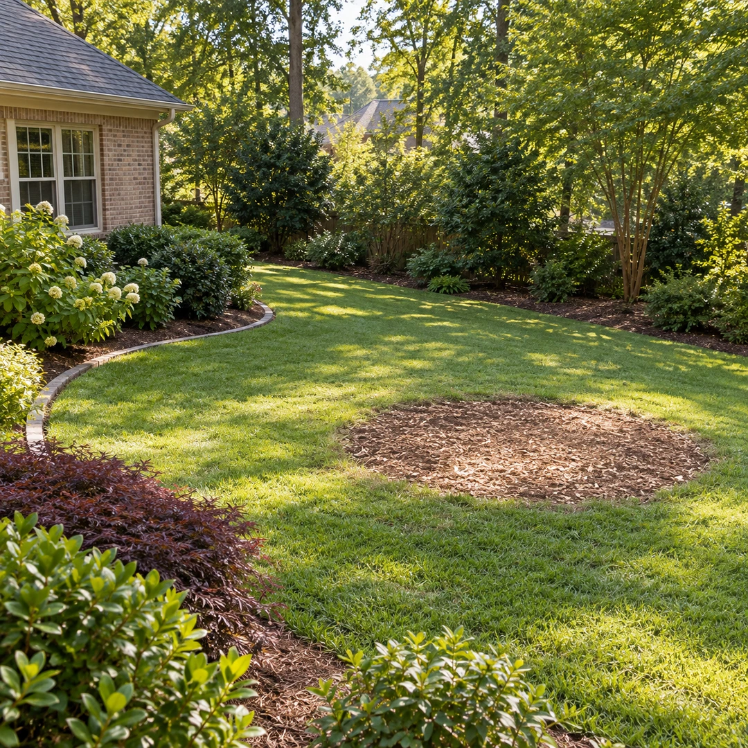 Sunlit lawn opening with a level wood chip area after tree and stump removal