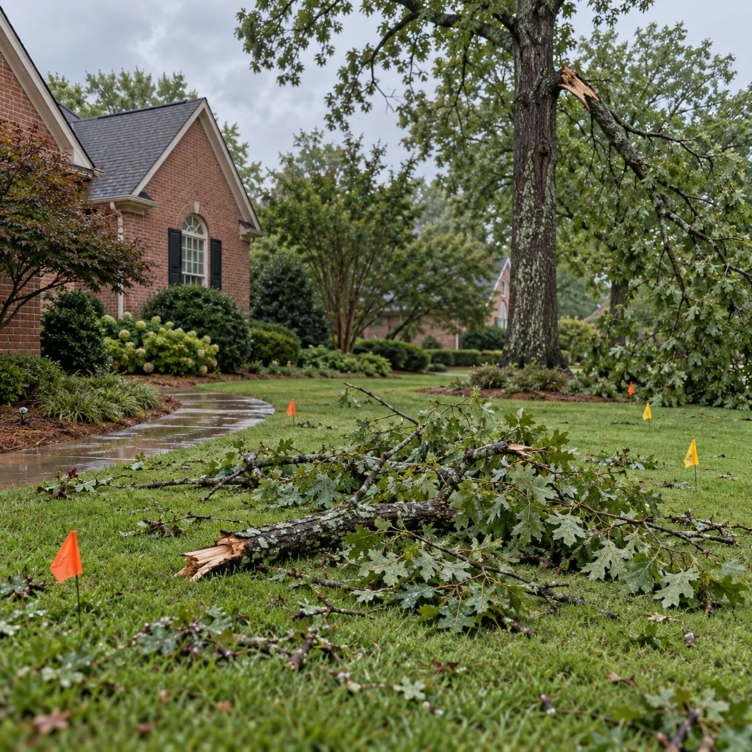 Safety flags marking storm debris and damaged tree work areas on a wet lawn