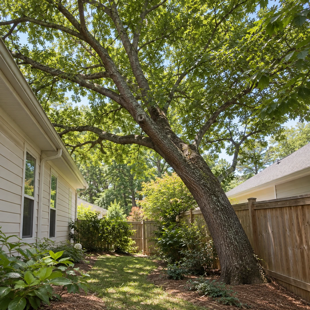 Leaning tree over limited work space between a home and wooden fence