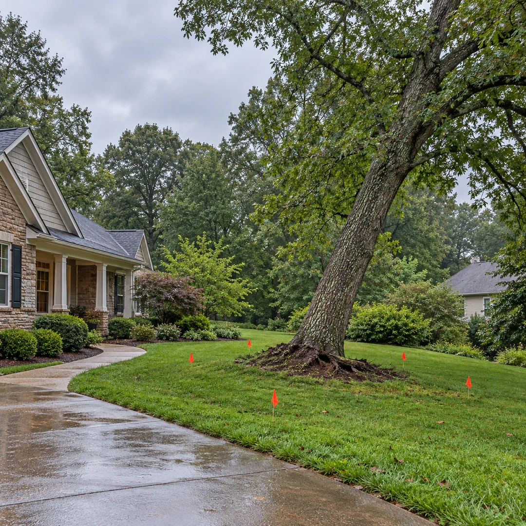 Safety flags keeping a wet driveway clear of a leaning tree with disturbed soil