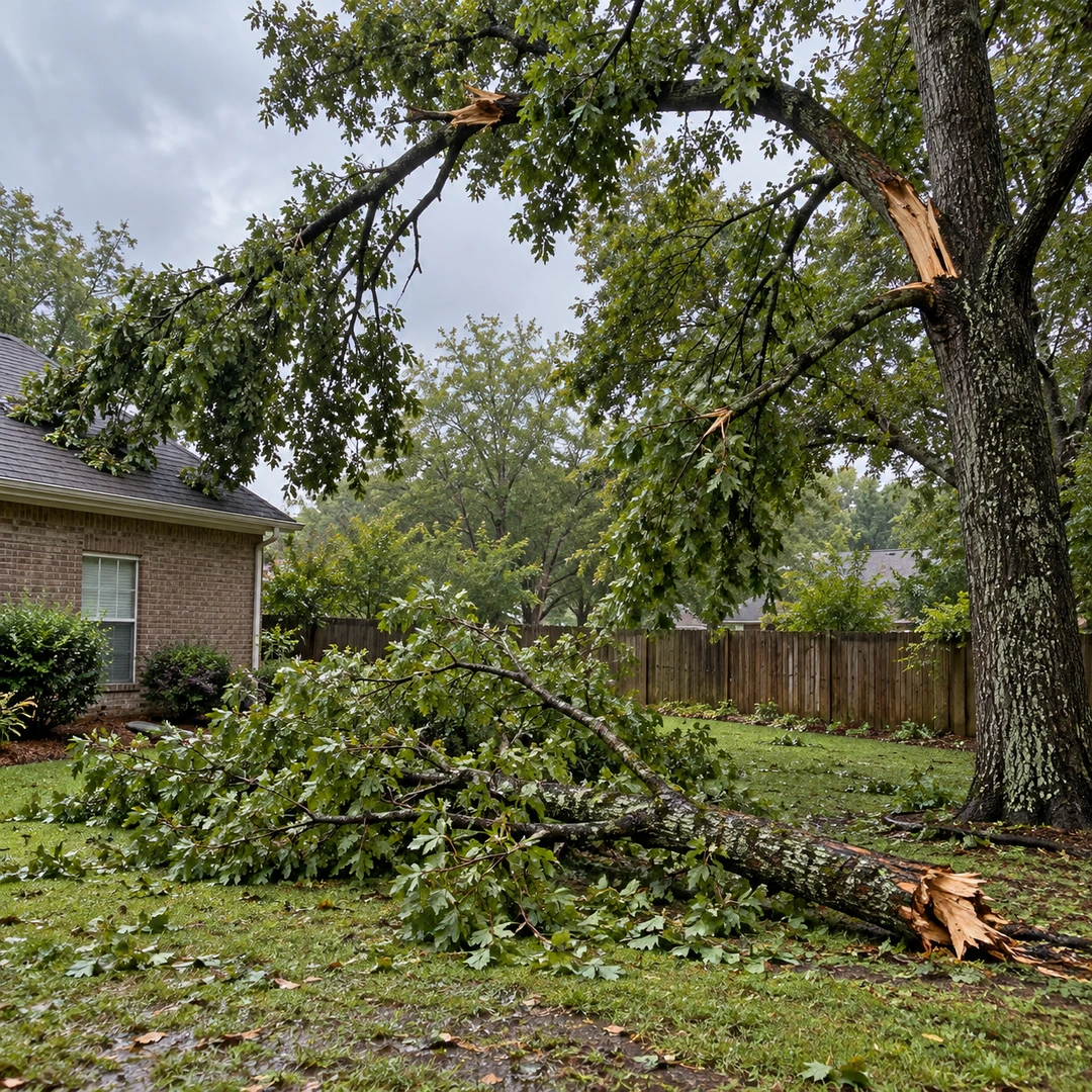 Fallen tree section and broken overhead branches after a Doraville storm