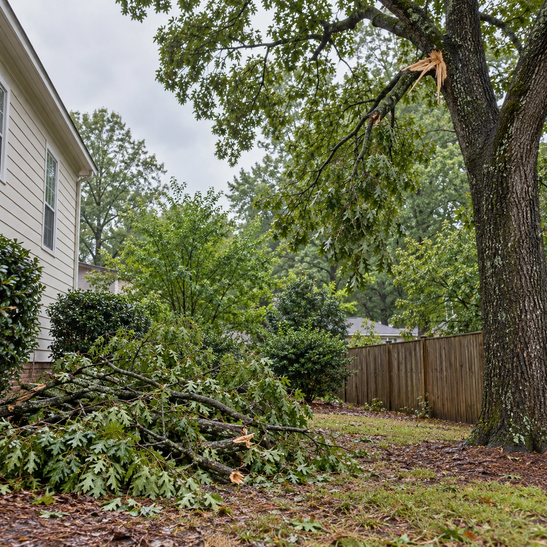 Fallen storm limbs separated from a broken branch still hanging overhead