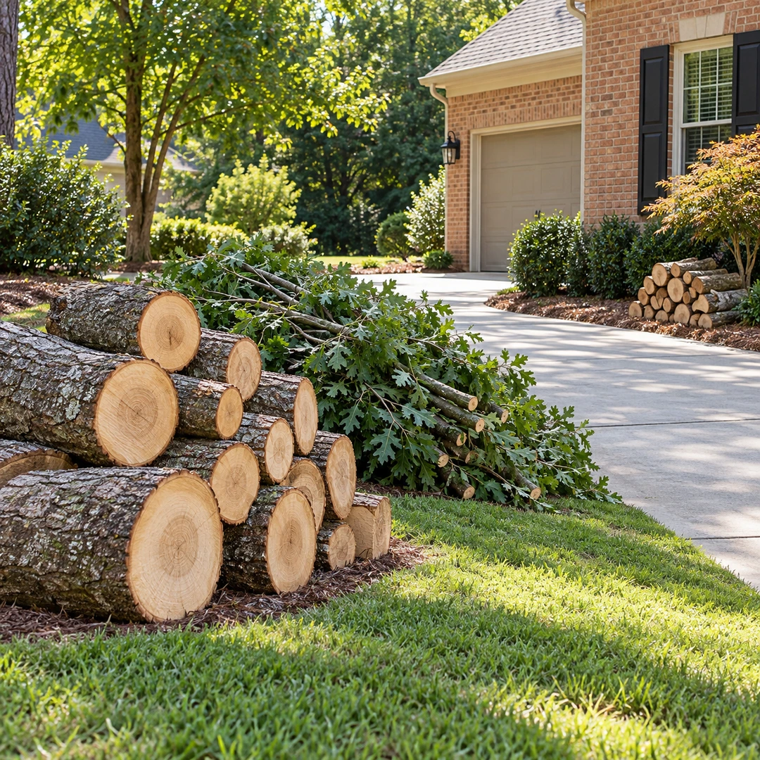 Trunk rounds branches and retained wood staged beside a clear driveway loading route