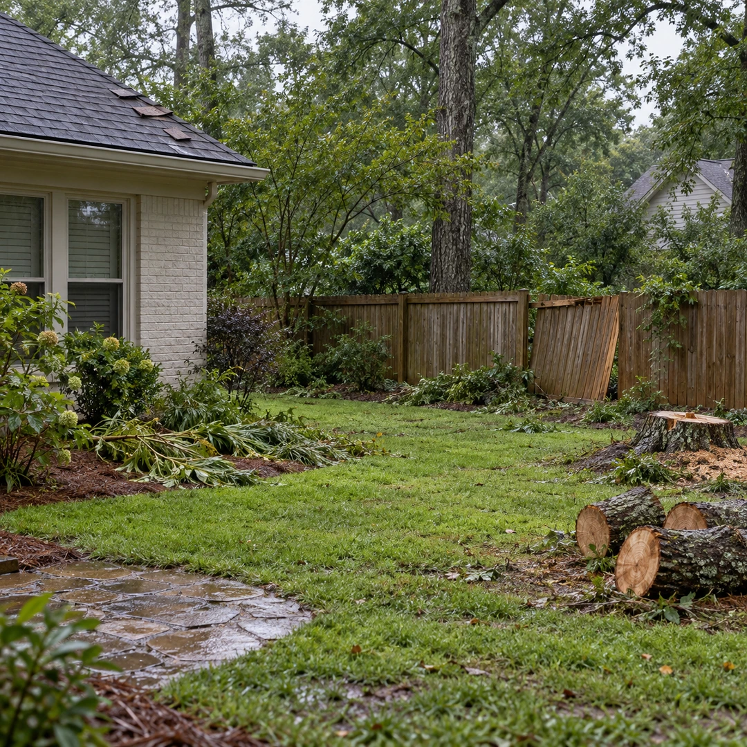 Wet yard with roof fence planting and remaining stump work after a storm