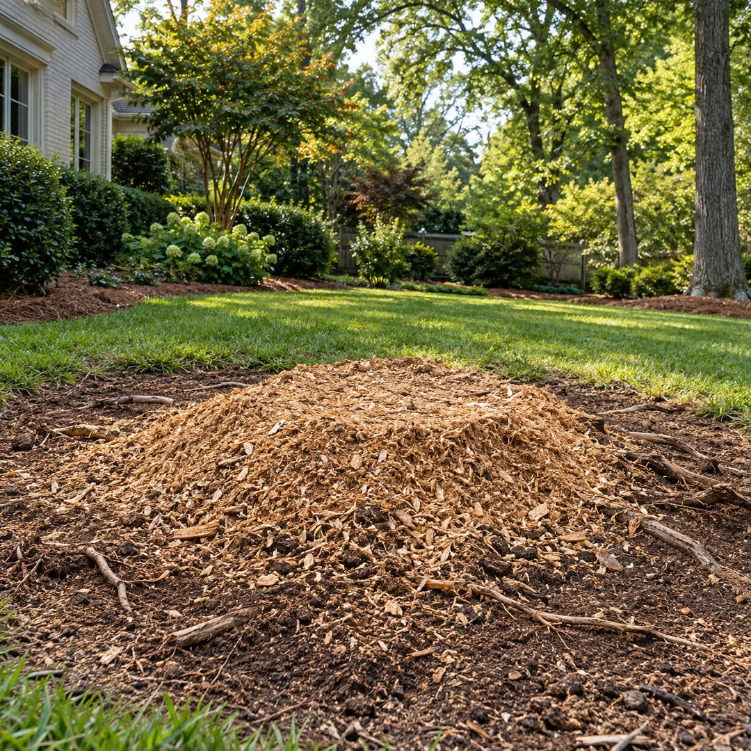 Fresh stump grinding chips with peripheral roots remaining around the work area