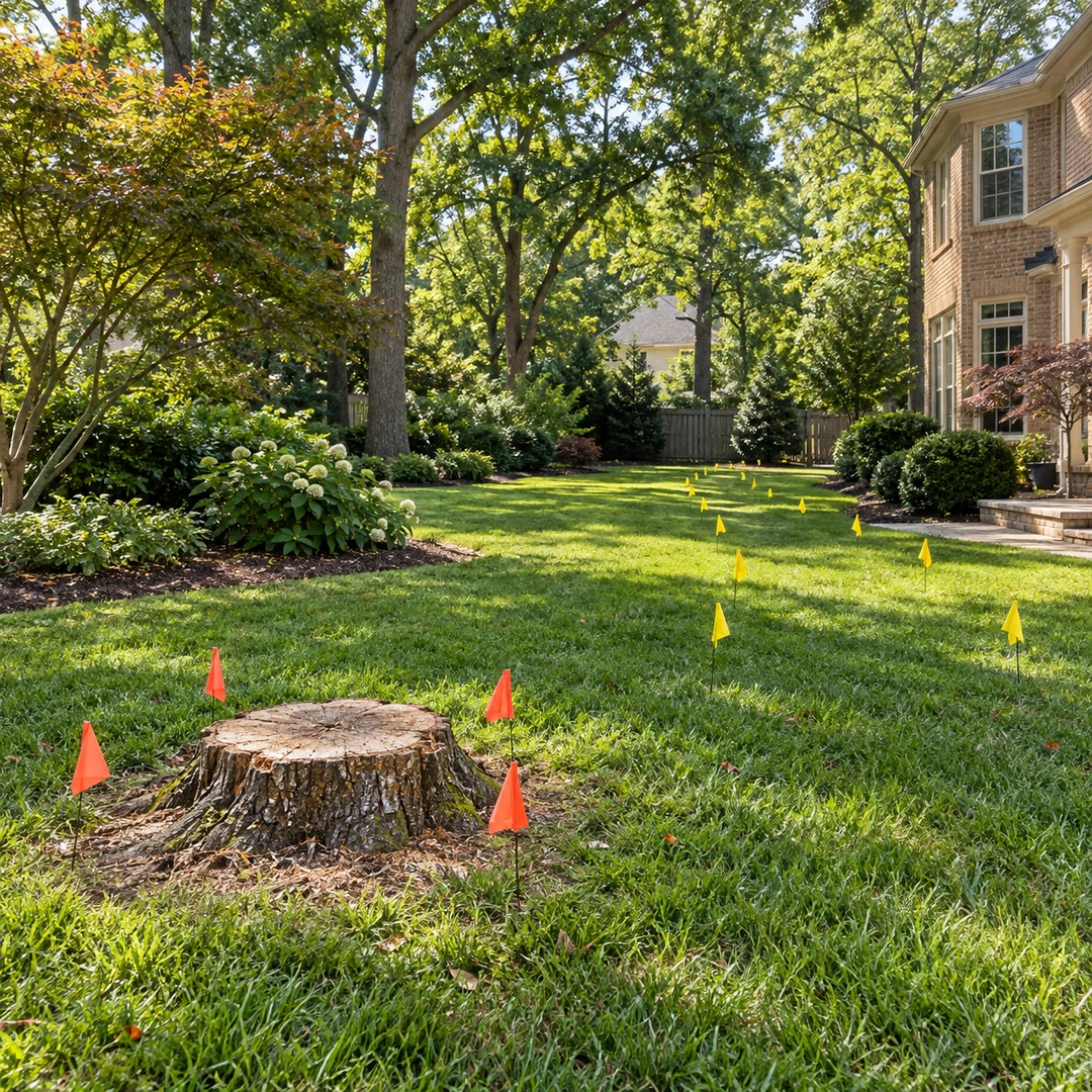 Survey flags marking the stump grinding footprint and access route across the lawn