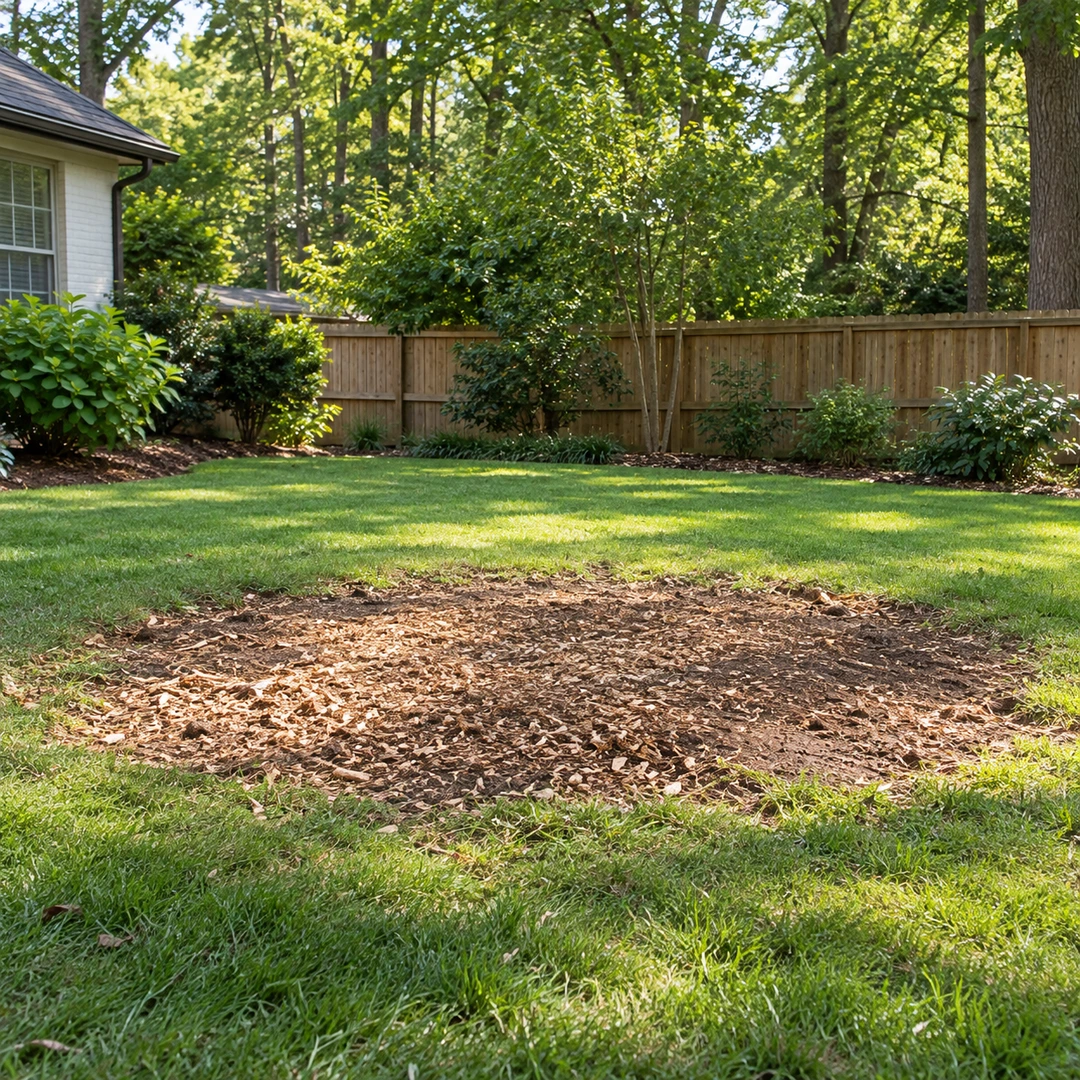 Level wood chip and soil area after tree cutting and debris removal