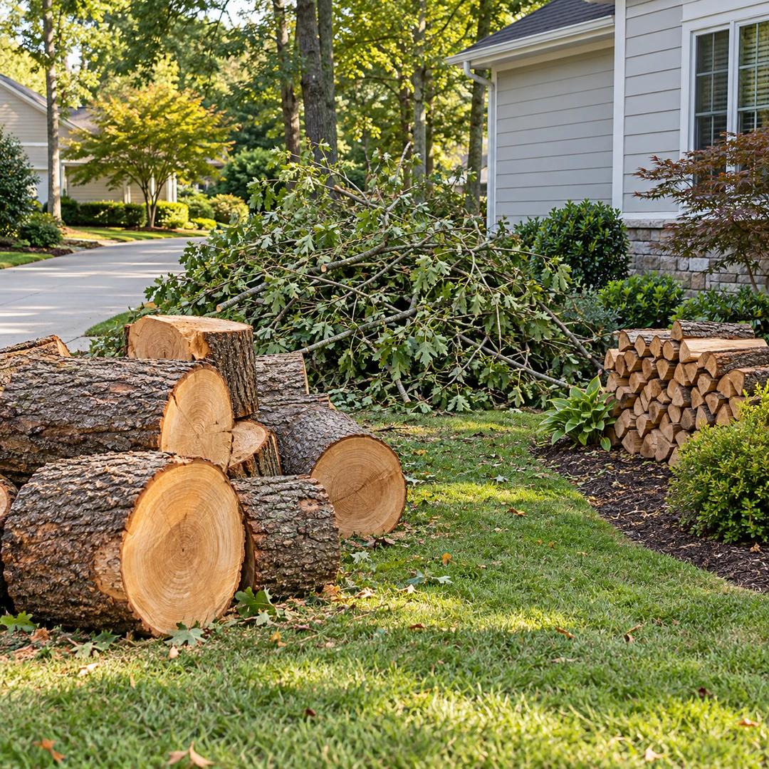 Tree rounds leafy branches and retained firewood staged for Doraville haul away