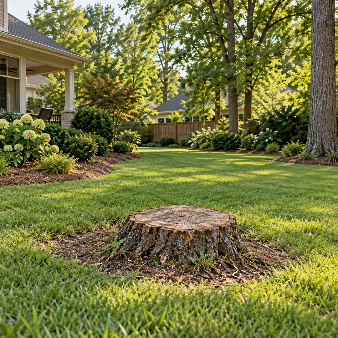 Low stump interrupting open lawn and future planting space in a Doraville yard
