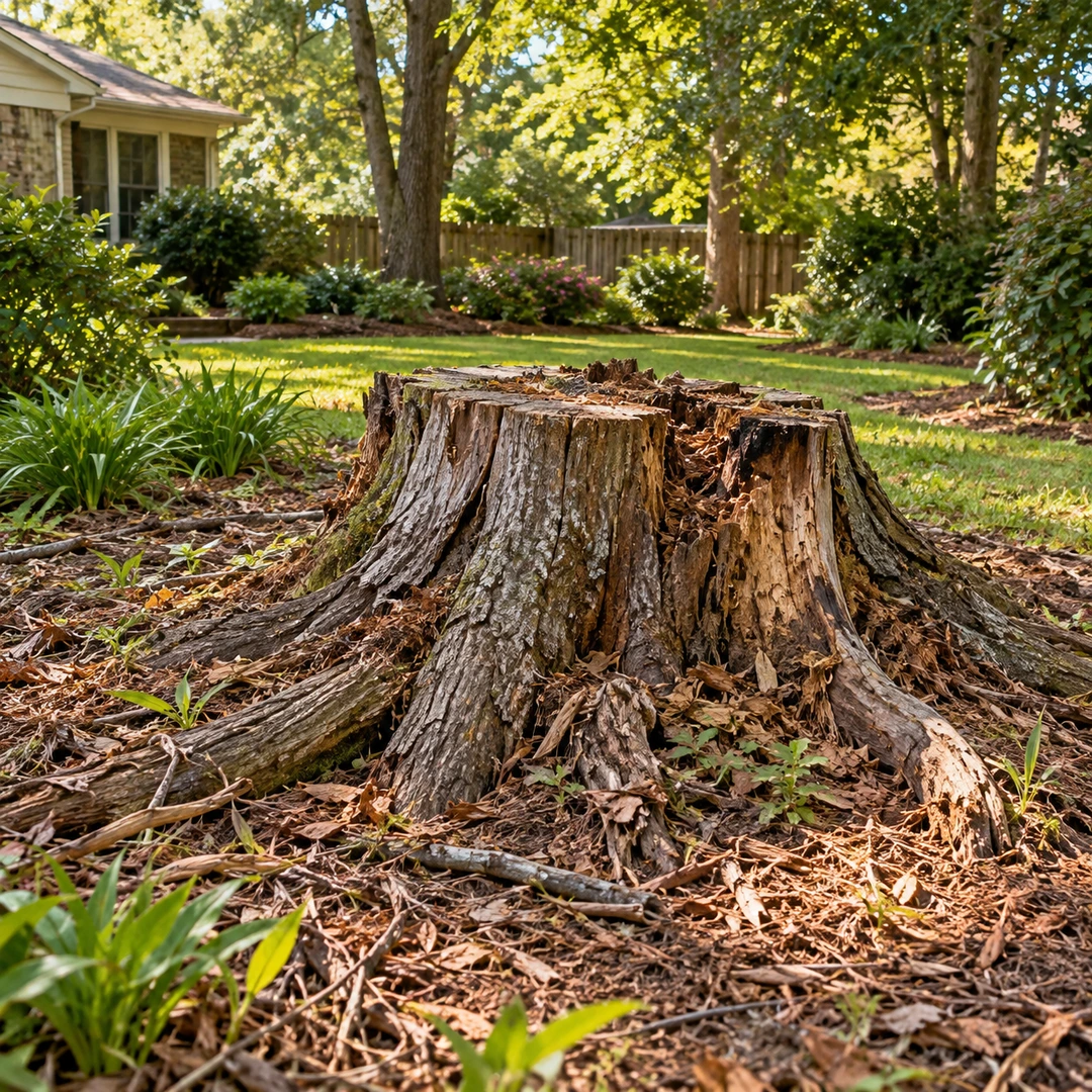 Weathered old stump and roots occupying usable Doraville yard space