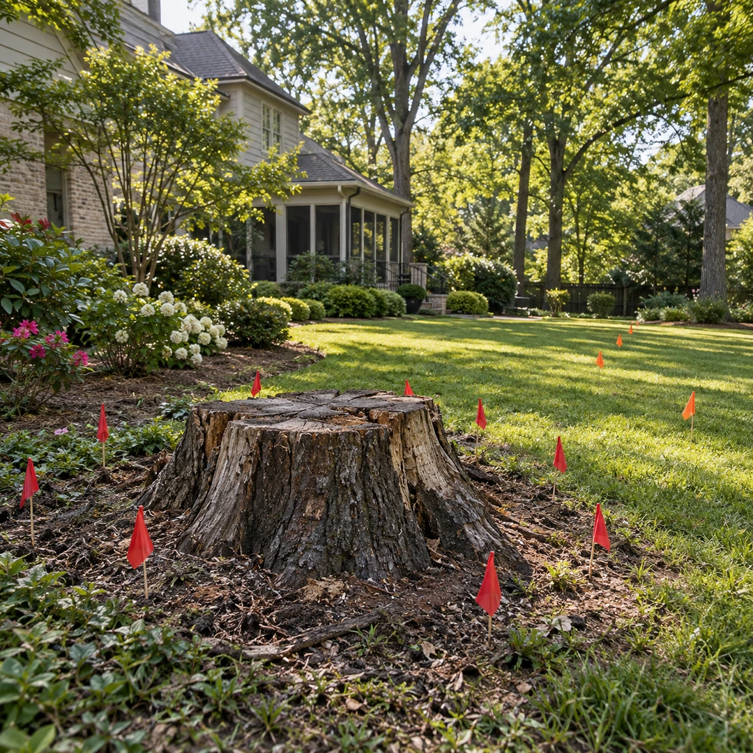 Survey flags marking the cleanup footprint and access route around an old stump