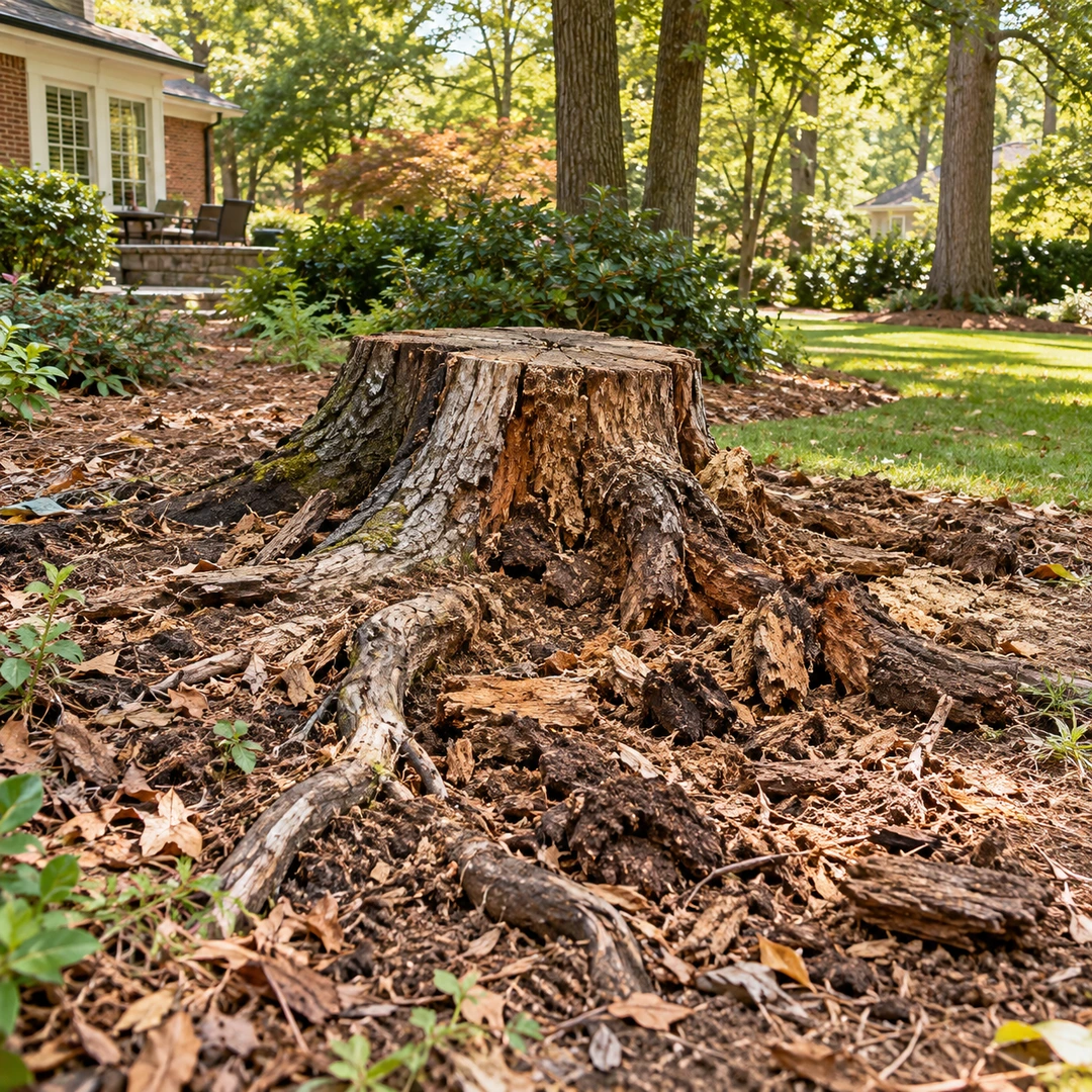 Decayed wood exposed roots and yard debris around a weathered stump