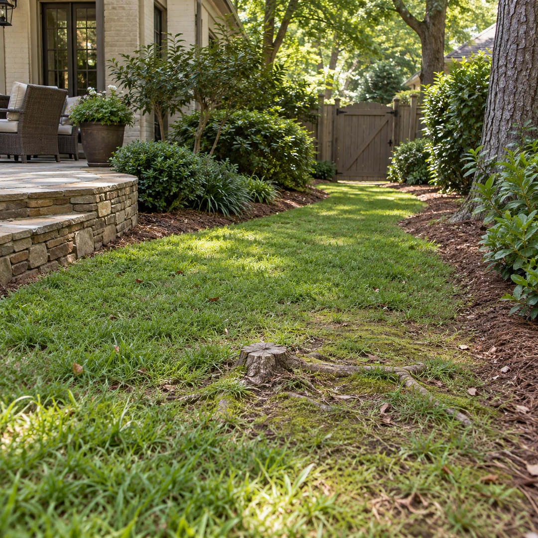 Low stump and roots interrupting a lawn route between a patio and gate