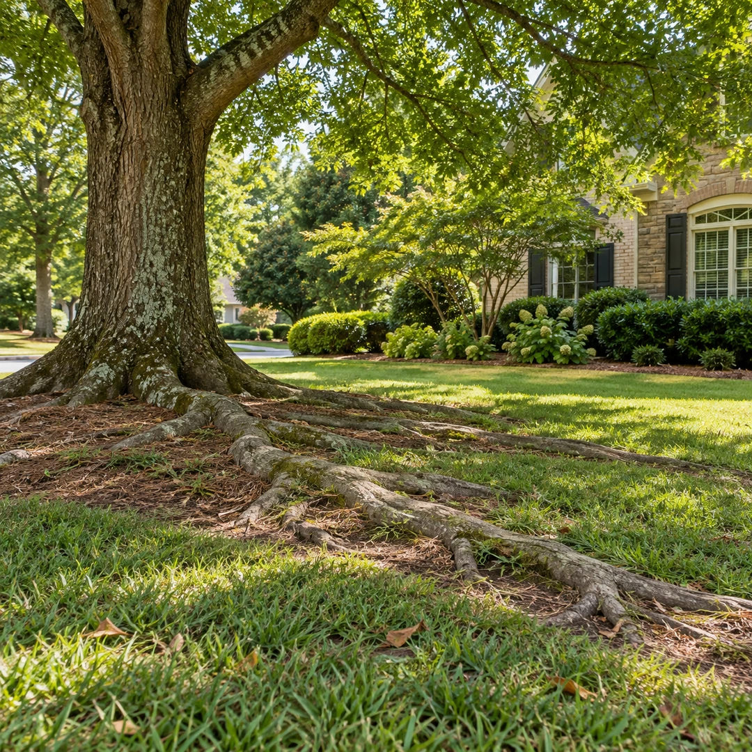 Exposed surface roots crossing lawn beside a healthy retained tree