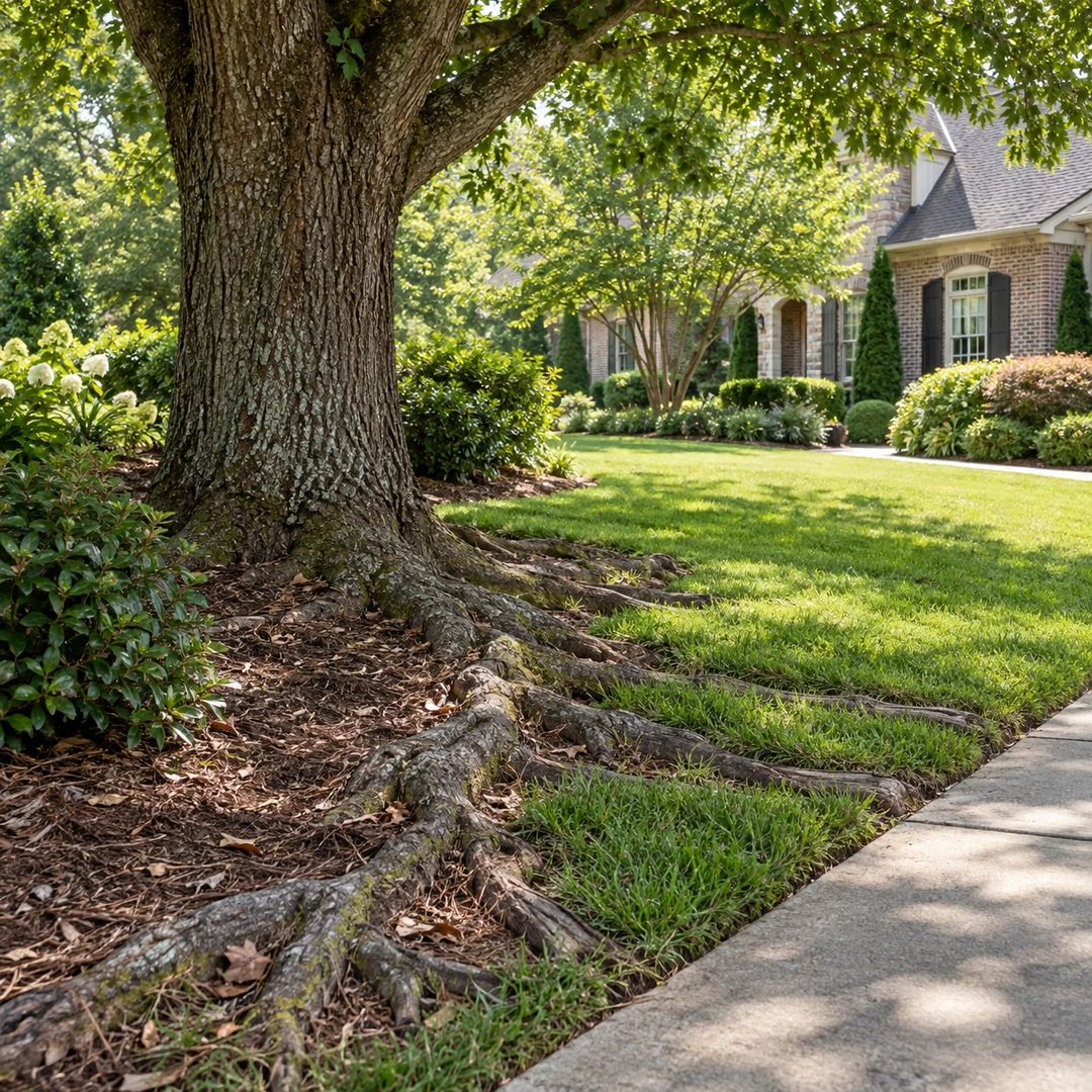 Living tree roots affecting a lawn edge beside a residential walkway