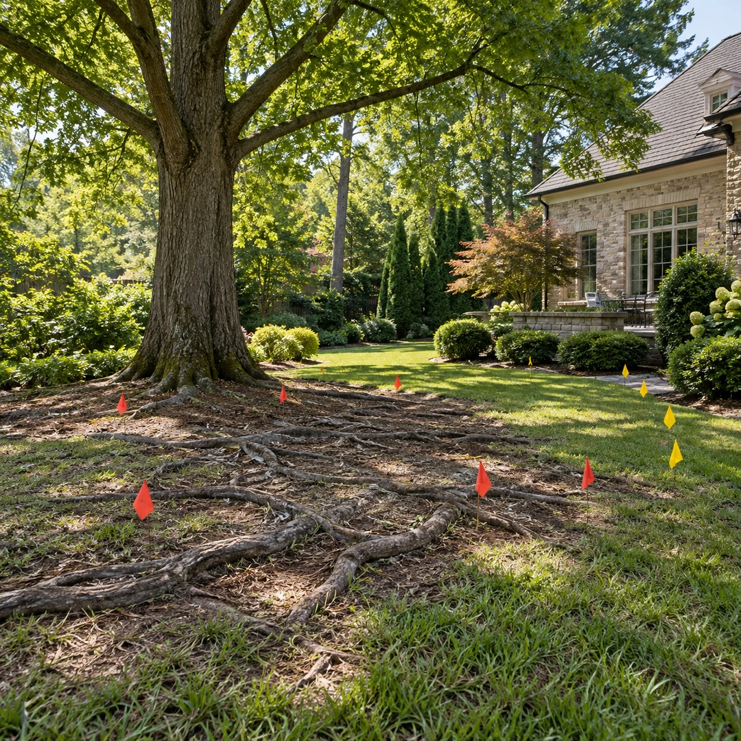 Survey flags marking exposed roots and the access route across a Doraville yard
