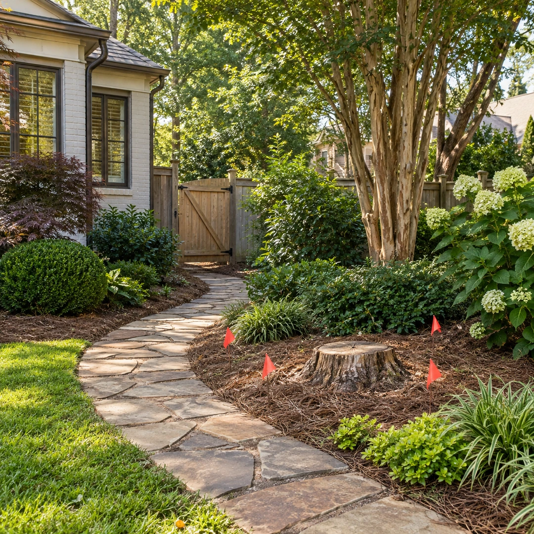 Survey flags marking a low stump work area beside a Doraville garden path