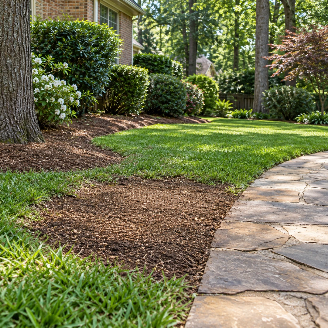 Level soil and chip finish beside a walking path after stump removal