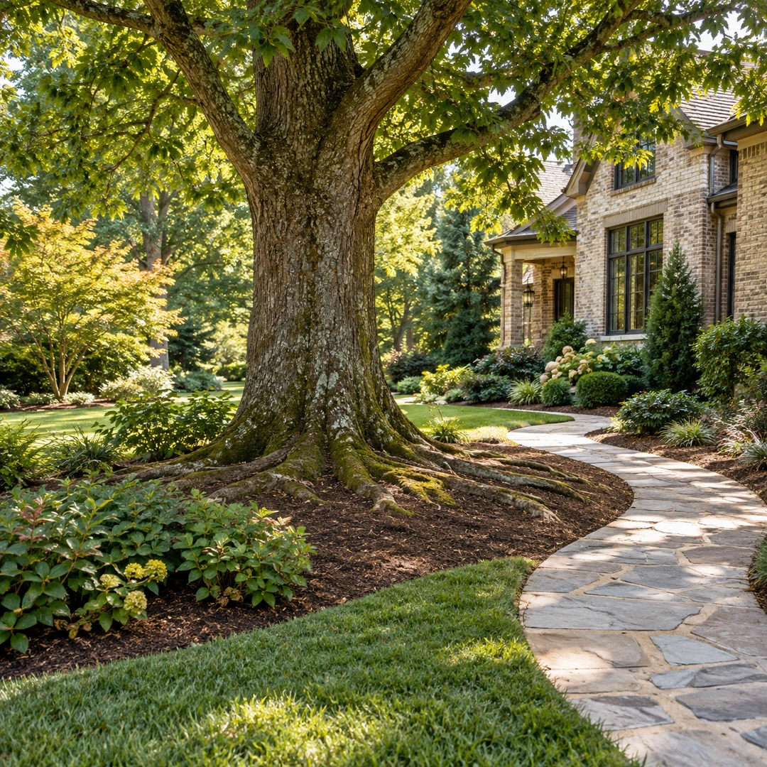 Healthy retained tree with a curved path routed around major surface roots