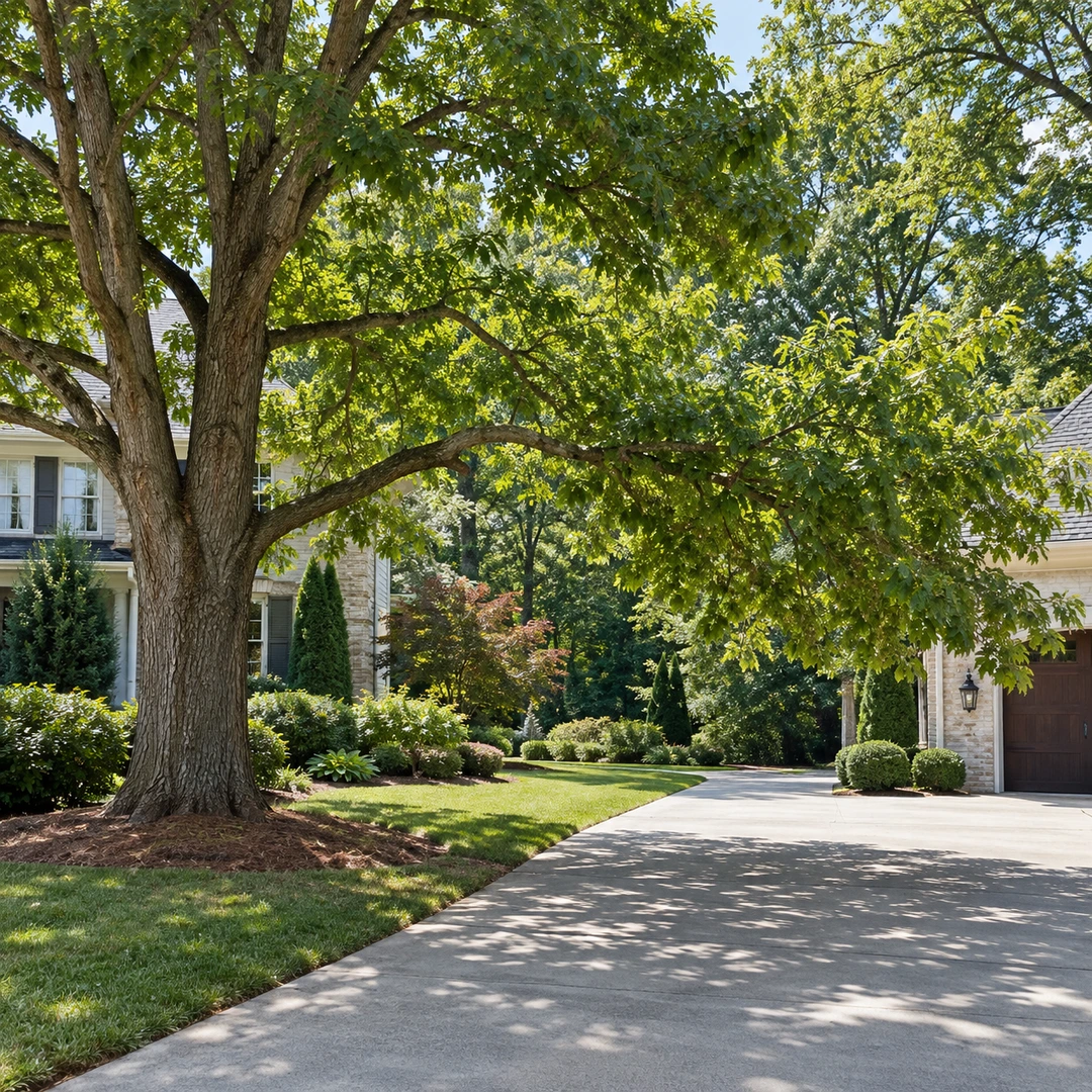 Selected low tree limb extending above an open Doraville driveway