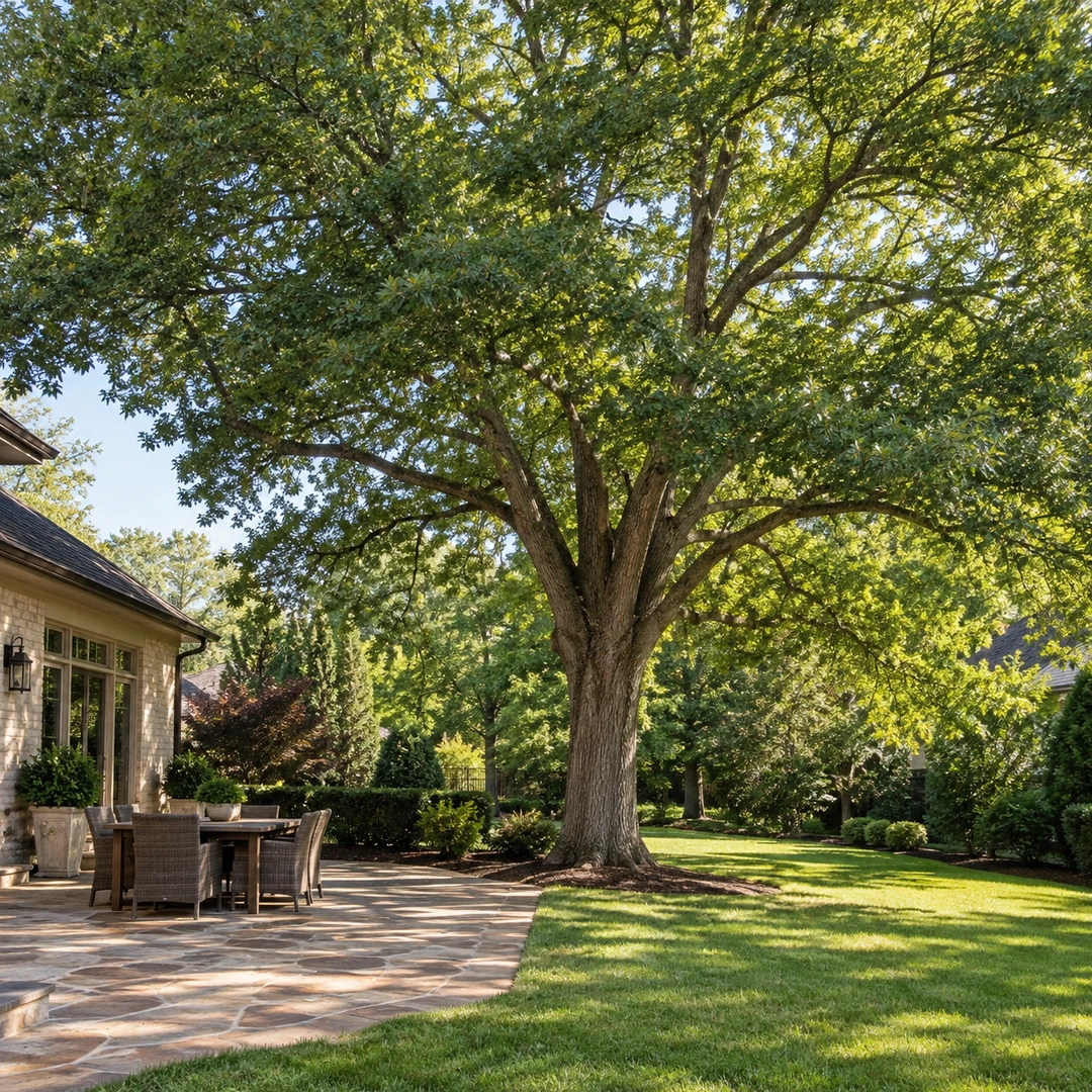 Healthy balanced tree canopy with clear usable patio space below
