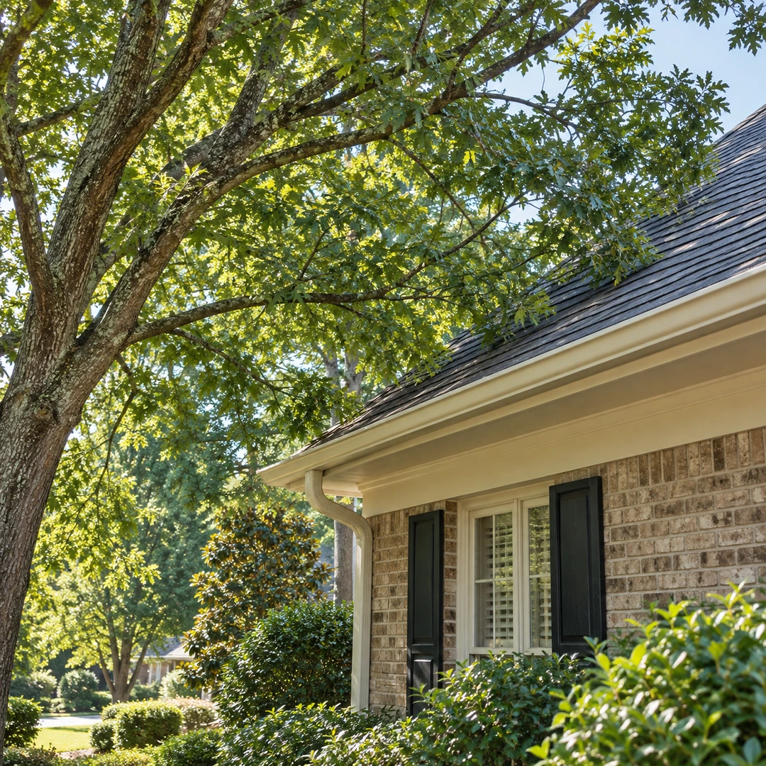 Live tree branches approaching a Doraville roof eave and gutter