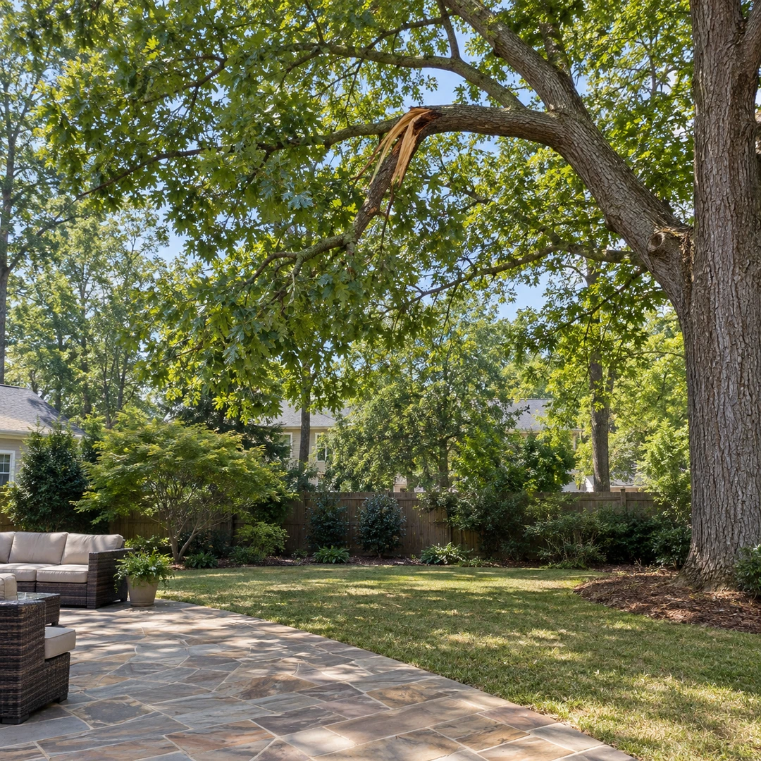 Clear patio area kept away from a visibly damaged overhead branch