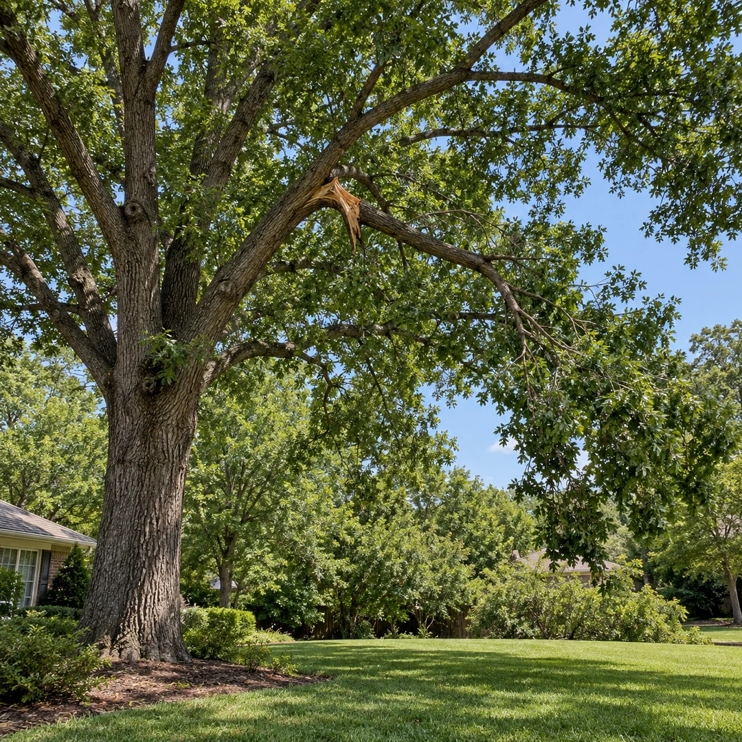 Cracked hanging branch visible within an otherwise healthy tree canopy