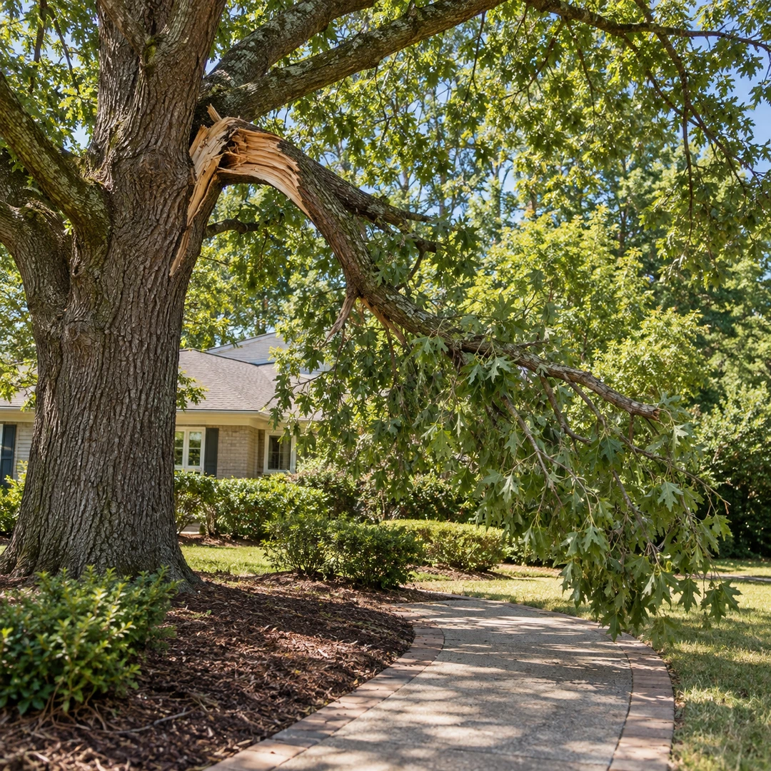 Split hanging branch above a residential walkway in Doraville